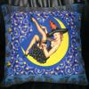 Witch Pinup Pillow on a Blue Celestial, Cats and Bats Fabric